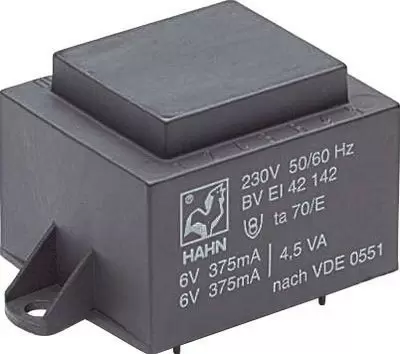 Трансформатор 10 VA 230V, 6V 1667mA 42x50x34мм HAHN EI4811142 - Фото №1